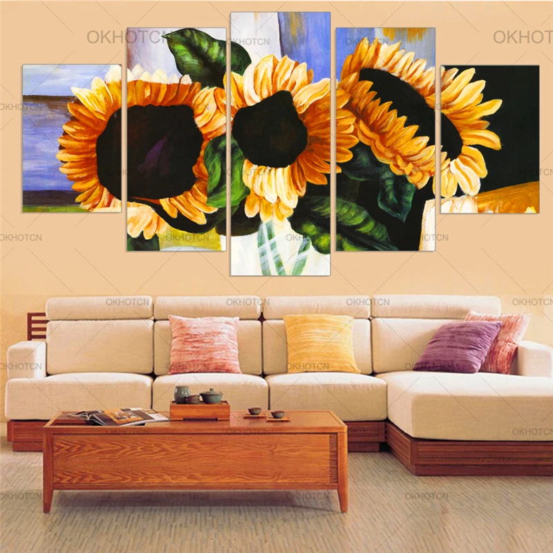 

Beauty Sunflower Printed Posters 5 Pieces Modular Flower Landscape Home Decor Canvas Painting Wall Picture for Living Room
