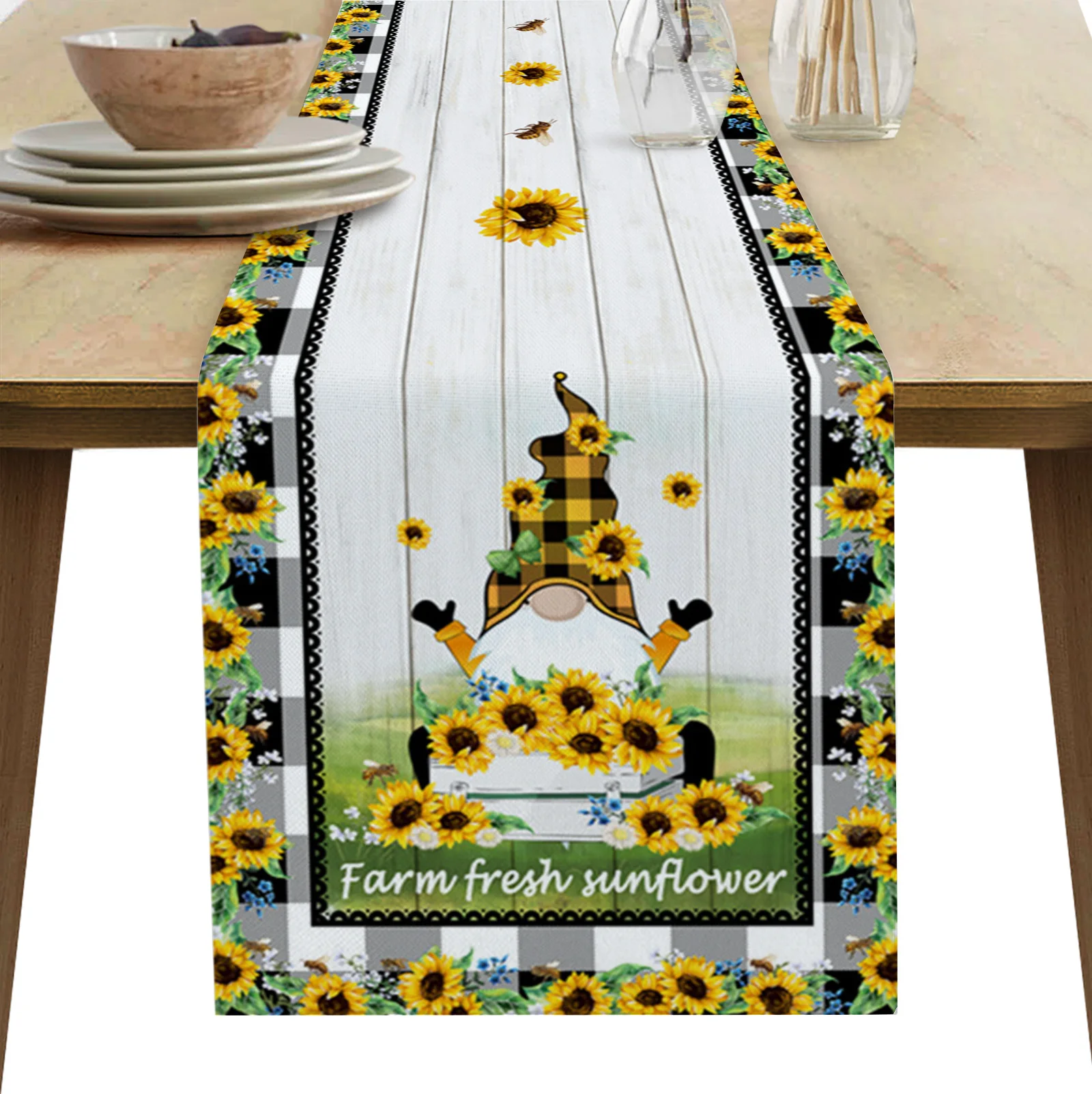 

Sunflower Gnome Lattice Plank Texture Table Runner Luxury Dinning Decor Placemat Hotel Wedding Table Decor Tablecloth