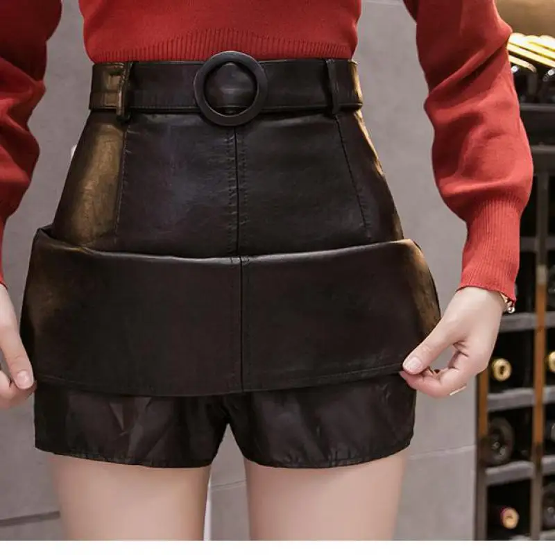 

2020 Pu Leather A Line Skirt For Women High Waist Office Wear Sashes Design Mini Skirts Female Short Skirt With Belt