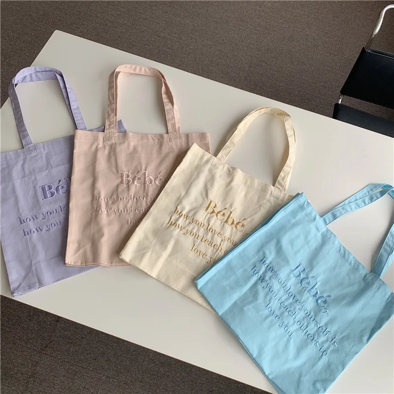 

Letter Embroidery Canvas Shopper Bag for Women Candy Color Girl Student Book Tote Shoulder Bags Female Large Travel Tote Handbag