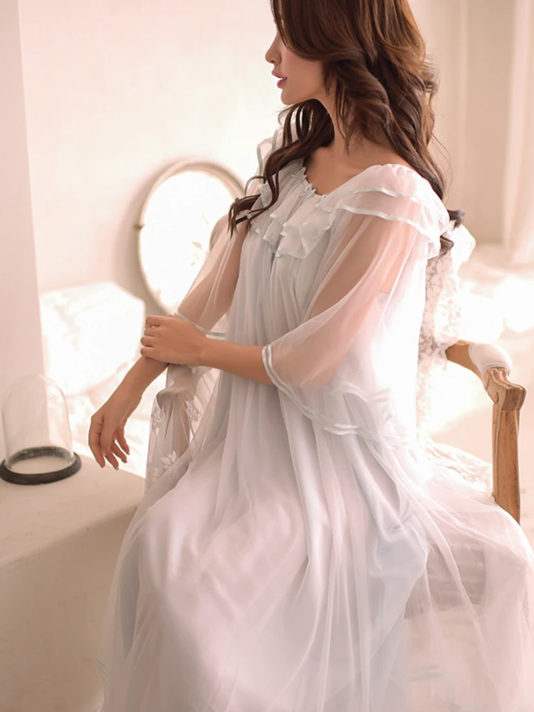 

Fairy Nightdress Girl 2021 Spring/Summer Silk Short Sleeve Round Neck Sweet Nightgown Vintage Court Mesh Elegant Sleeping Dress