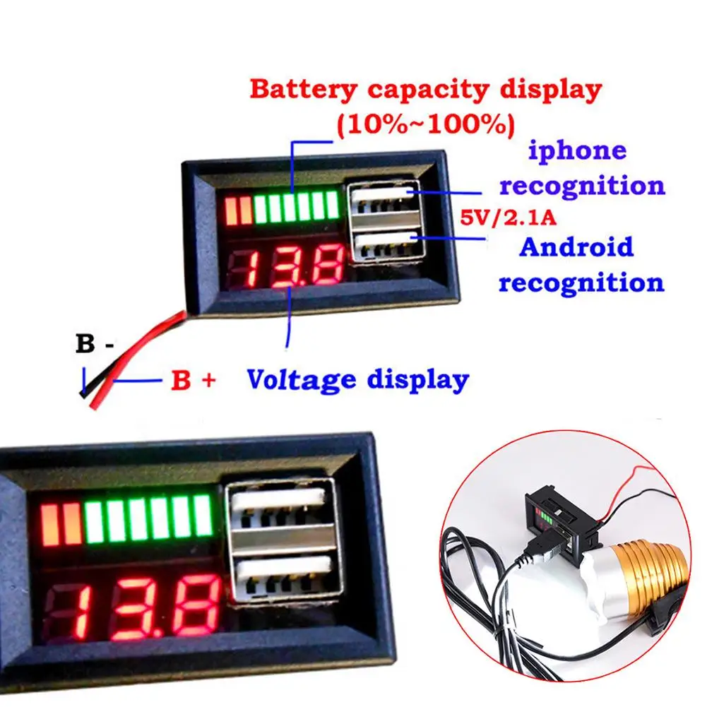 12V Digital Battery Capacity Indicator Voltmeter Volt Tester Detector Power Display Dual USB Output For Motorcycle | Автомобили и