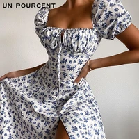 vintage womens dress floral skirt wrapped chest lace up princess sleeves high waist slit sexy dress elegant dress women clothes