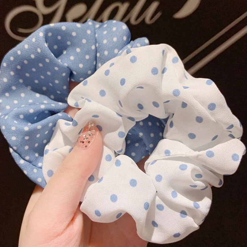 

Blue Series Hair Scrunchie Polka Dot Plaid Daisy Print Hair Rope Elastic Hair Bands Ponytail Holder Hair Rubber Band Accessories