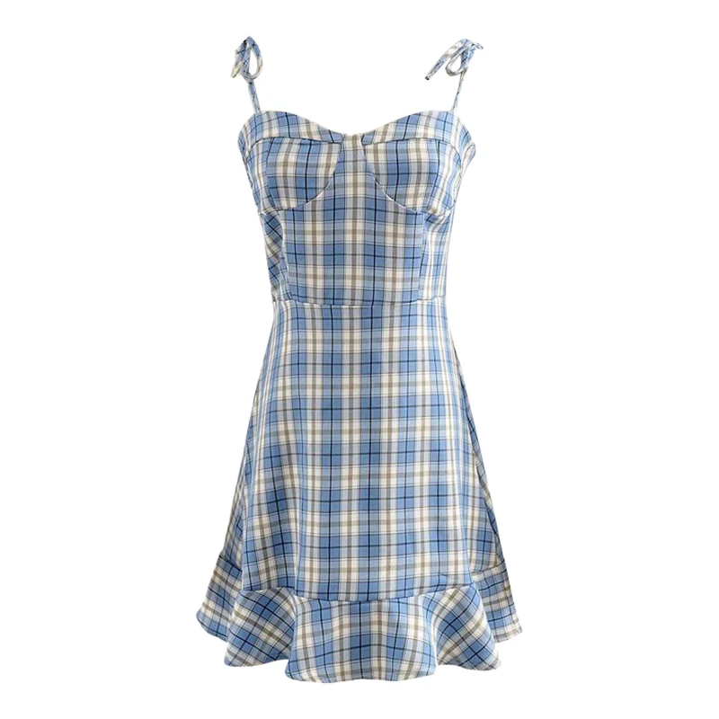 

Woman Summer Casual Mini Dress Slip Sexy Vintage Wrap Bodycon Beach Sundress Everyday Backless Halter Short Plaid Clothes 2021