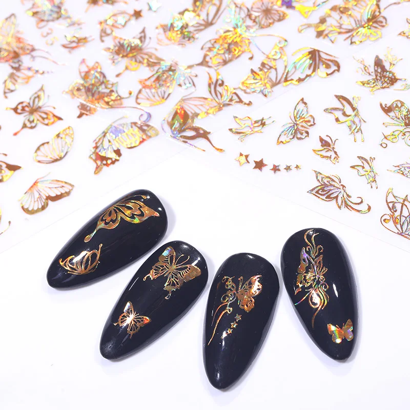 

4PC Holographics 3D Butterfly Nail Art Stickers Adhesive Sliders Colorful DIY Golden Nail Transfer Decals Foils Wraps Decoration