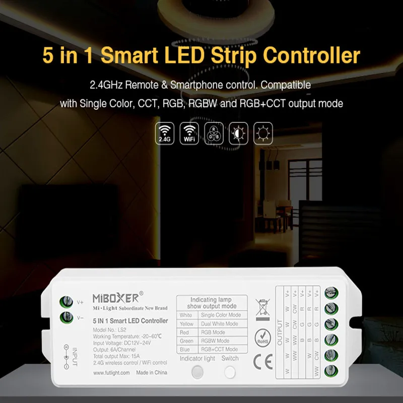 MiBoxer LS2 2 4G беспроводной 5 в 1 умный светодиодный контроллер для одноцветного CCT RGB