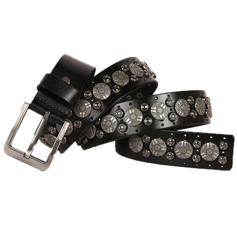 (Ta-weo) 1.5'' Fashion Rivet Leather Belts, Designer Belts Men High Quality, Punk Street style