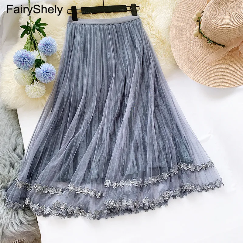 FairyShely 2020 розовая Тюлевая плиссированная длинная юбка для женщин Летняя