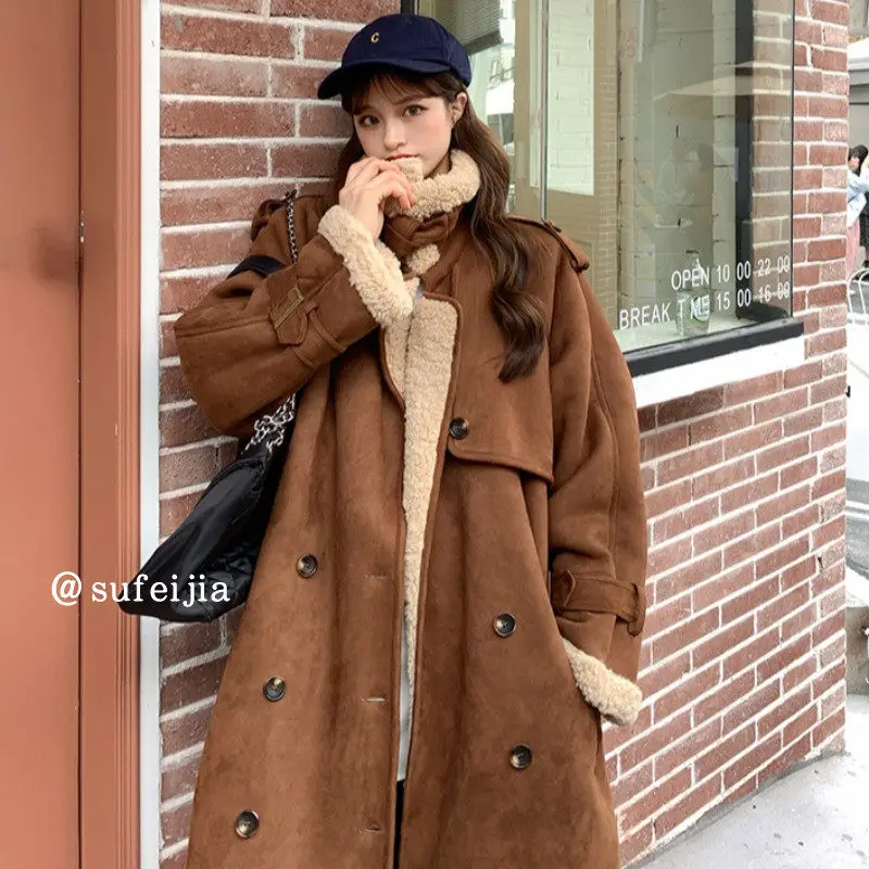 

Винтажная Хлопковая женская куртка, зимнее корейское Ретро Свободное пальто средней длины выше колена с подкладкой из овечьей шерсти, парк...