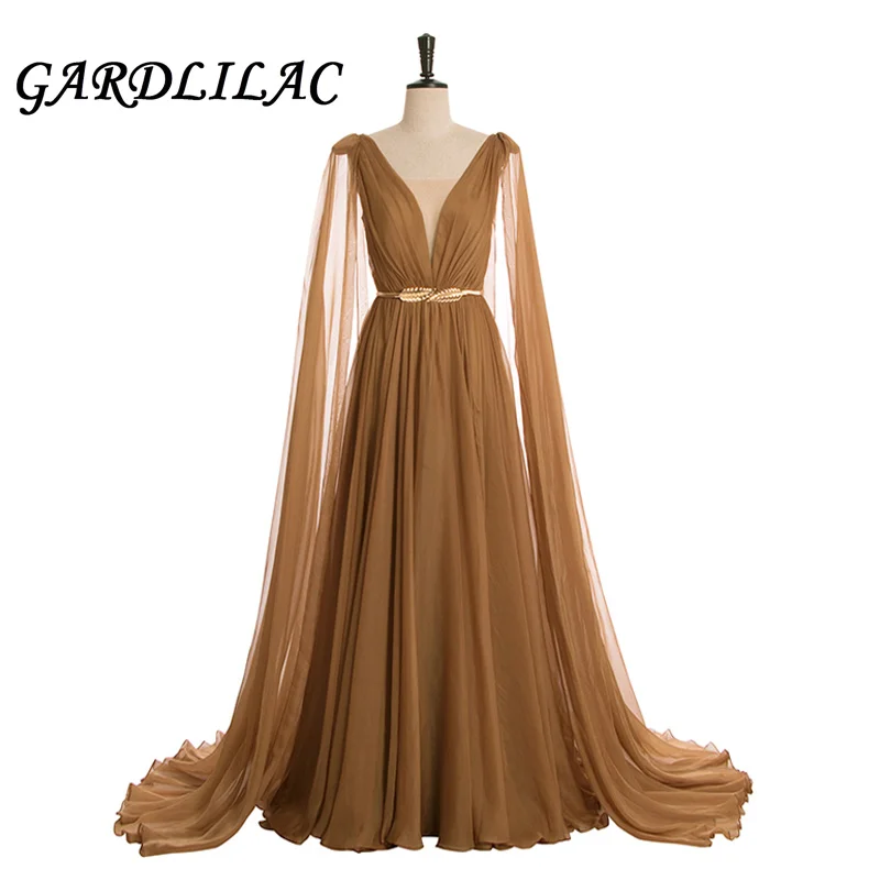

Gardlilac Long V-Neck Chiffon Prom Dresses With Shawl Floor Length Bridesmaid Dresses Beaded Belt Evening Dresses 2021 For Woman
