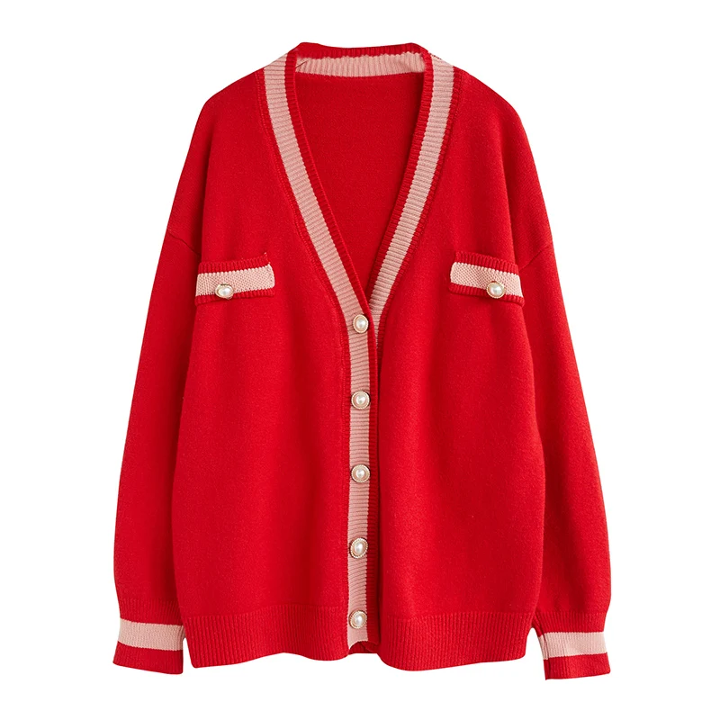 

45-75KG Women's Sweater Spring Autumn New Cardigan Splicing Loose Long Sleeve V-neck Temperament Commuter Fashion Tops Jacket