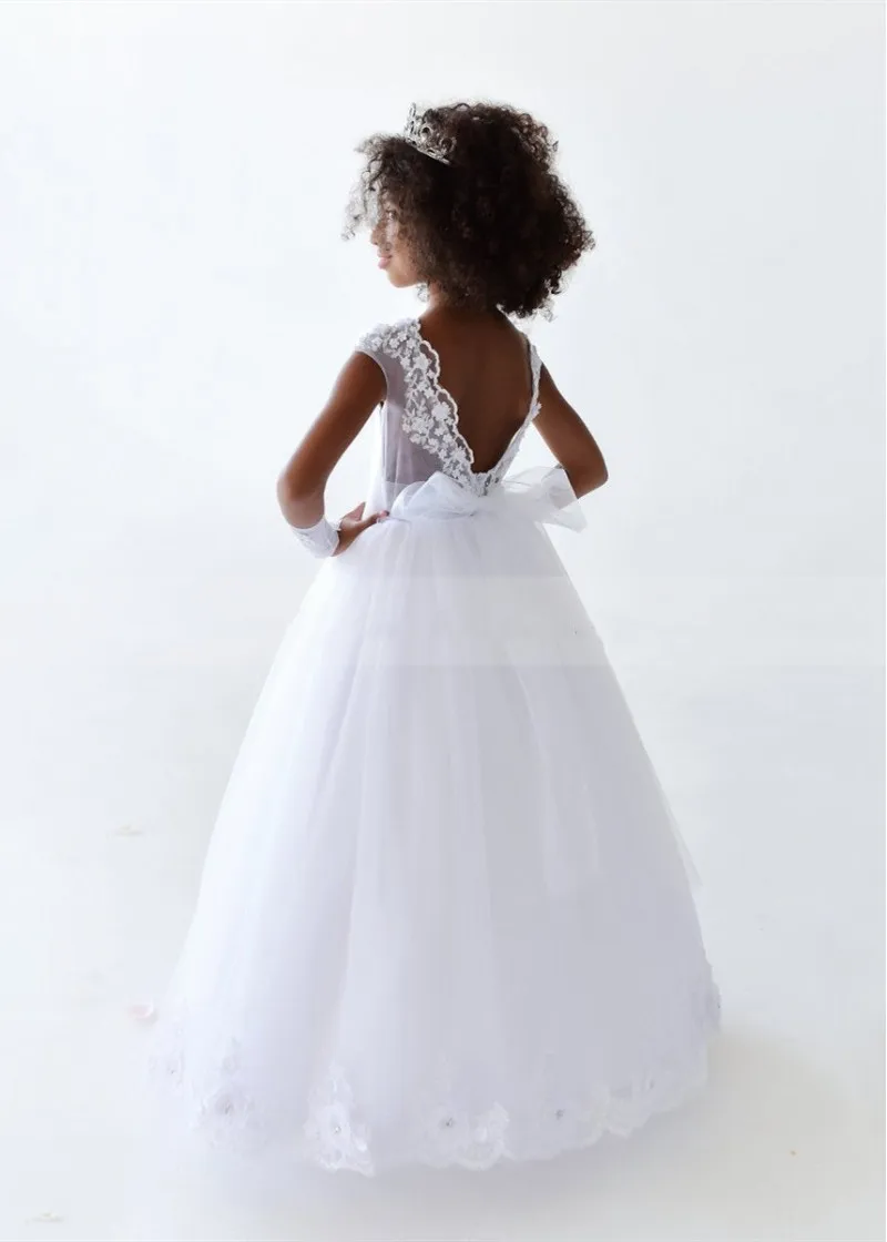 

Puffy Tulle Lace Ball Gown Flower Girl Dresses Sleeveless Girl Princess Dress Illusion Girl Wedding Party Dress First Communion