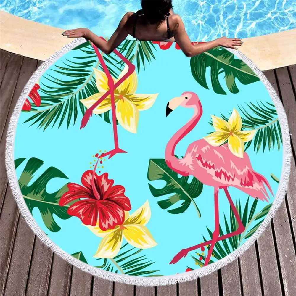 

Flamingo Round Beach Towel Tassel leaf Blanket Picnic Yoga Mat Travel Boho Tablecloth Absorbent Swimming mat toalla de playa 007