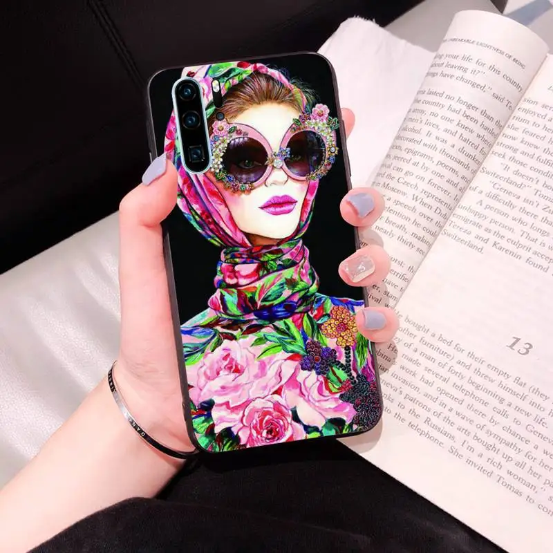 

Cartoon Vogue Female Phone Case Black Cover For Huawei P10/20/30/40/20Pro/30Pro/30Lite/40Pro NOVA3/3E/3i/7SE Cases