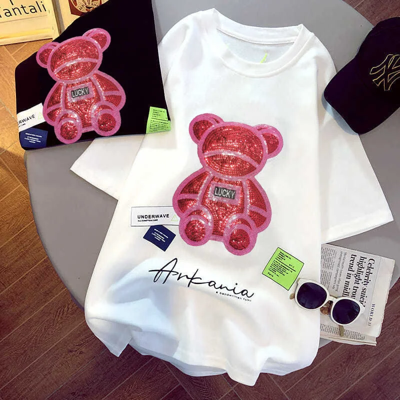 

Net red sequined bear mid-length short-sleeved t-shirt female 2021 summer Korean cartoon loose casual all-match tops for women