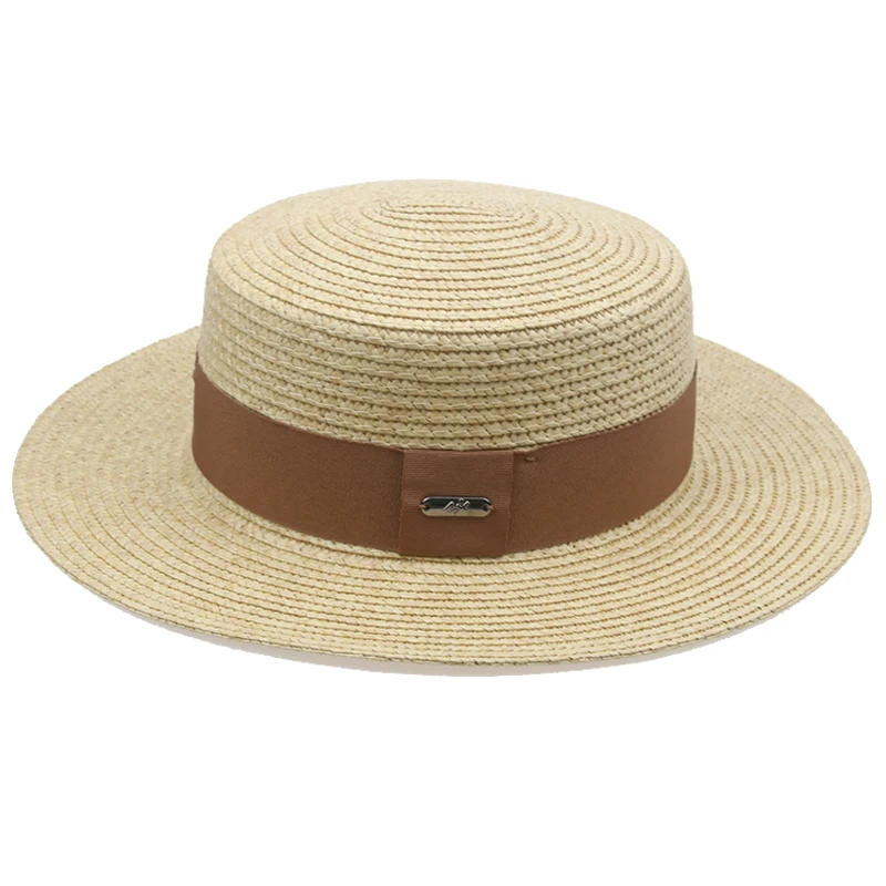 

women hats summer spring wide brim band ribbon khaki straw hat sun protection flat top casual outdoor beach formal dress sun hat