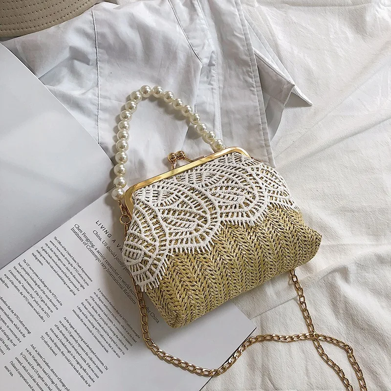 Пляжная соломенная сумка с вышивкой Модный богемный кружевной саквояж на