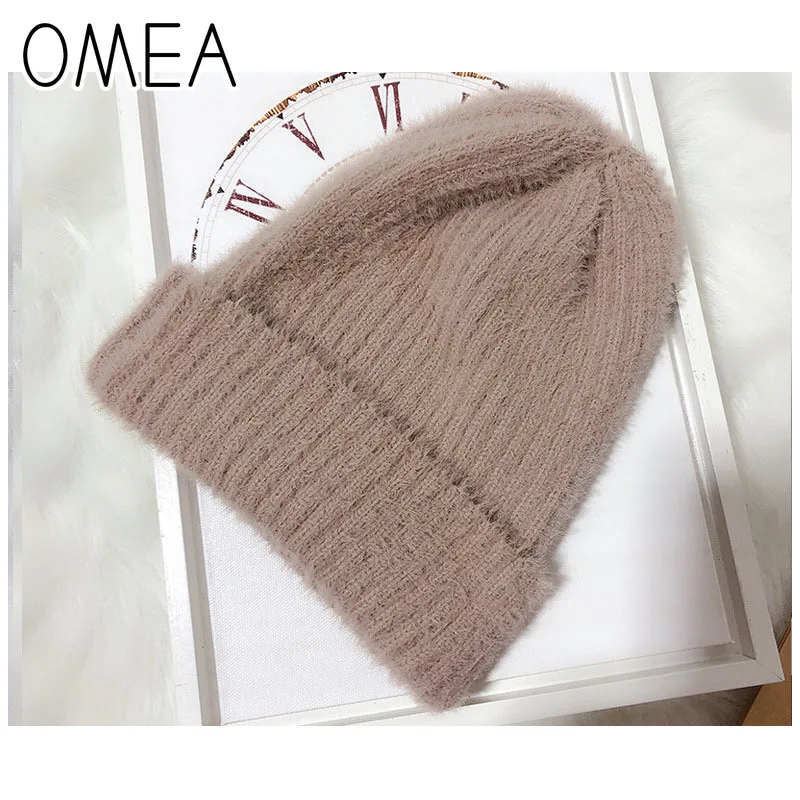 Однотонная Вязаная Шапка бини OMEA для женщин зимние шапочки из кроличьего меха