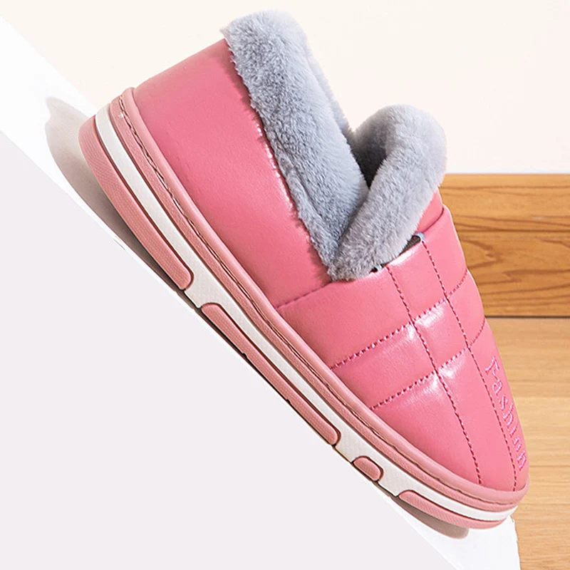 Winter Leather Cotton Slippers Woman Platform Indoor House Slipper Soft Non-slip Warm House Floor Slides Outdoor Cotton Shoes