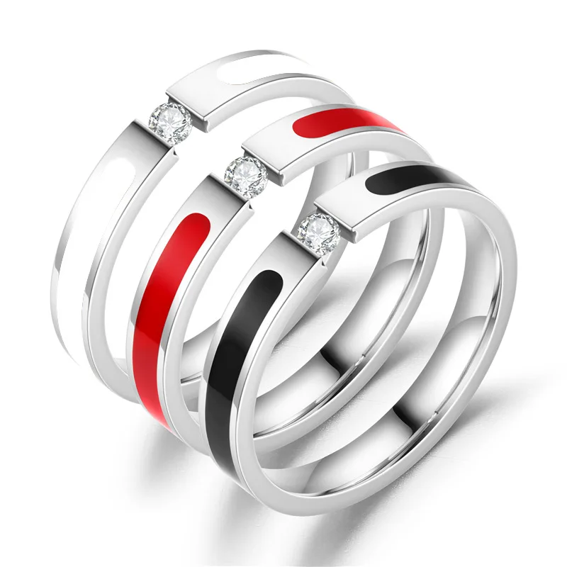 

Aroutty Single Crystal Stainless Steel Ring For Women Red/White/Black Color Dripping Oil Wedding Engagement Ring Jewelry Gifts