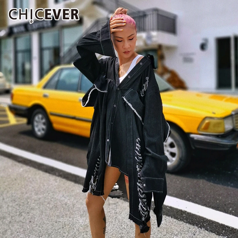 CHICEVER женская джинсовая куртка с дырками и кисточками воротник лацканами длинный