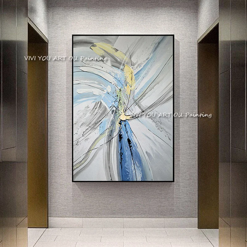

The Best Handmade New Large Abstract Picture Modern Original Golden Thick Oil Painting Art Design On Canvas Purple Blue Decor