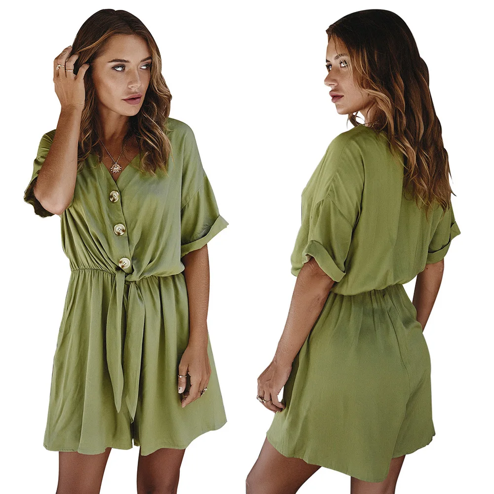 

Women Summer Loose Playsuit V-Neck Button Bow Jumpsuit Beach Holiday Rompers Sexy Elastic Waist Belt Casual Overalls