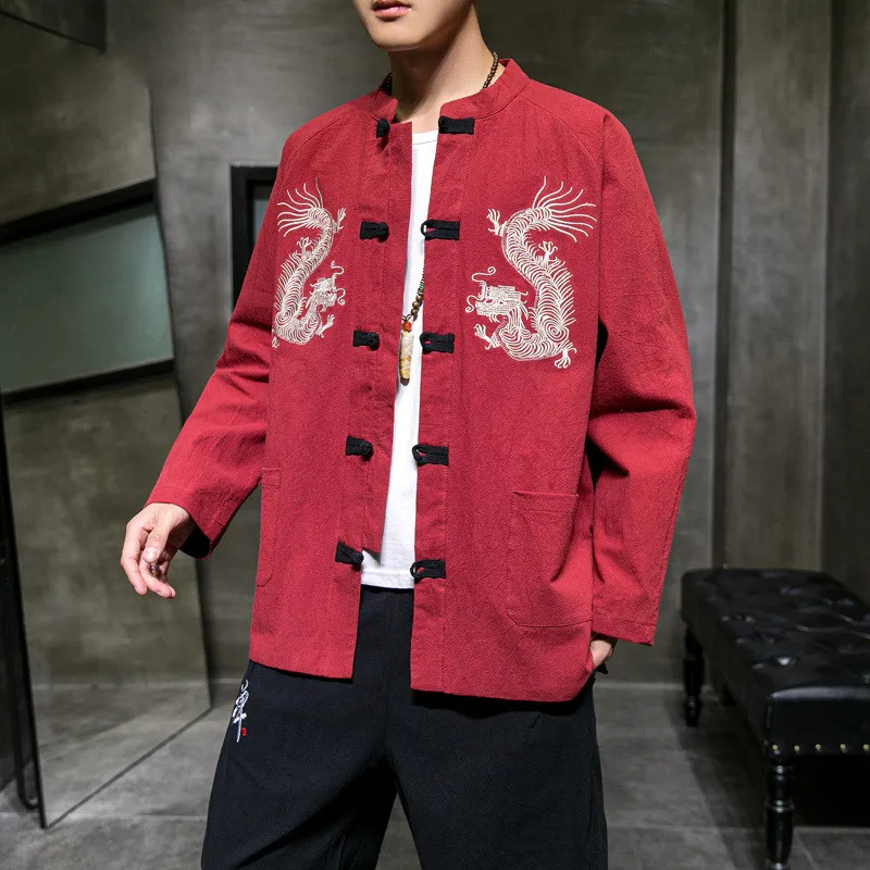 Chinese Style Embroidered Jacket 2021 Cotton Linen Tang Suit Wudang Disc Button Tunic Plus Size Tops Men Cloting |