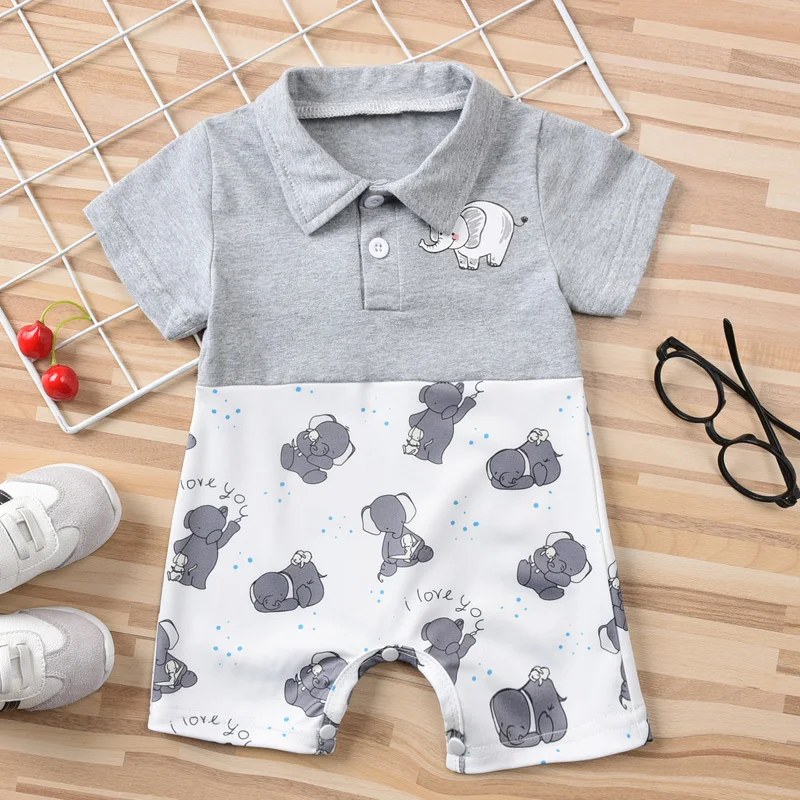 

Pudcoco 0-12M Romper Baby Boys Girls Summer Cartoon Elephant Print Short Sleeve Button Casual Fashion Jumpsuit Playsuit Leotard