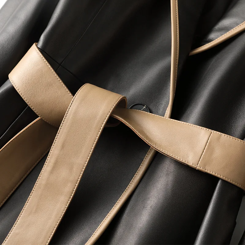 Women's Real Leather Slim Long Spring Sheepskin Coat Black High Quality Jacket with Belt High End Temperament New Windbreaker