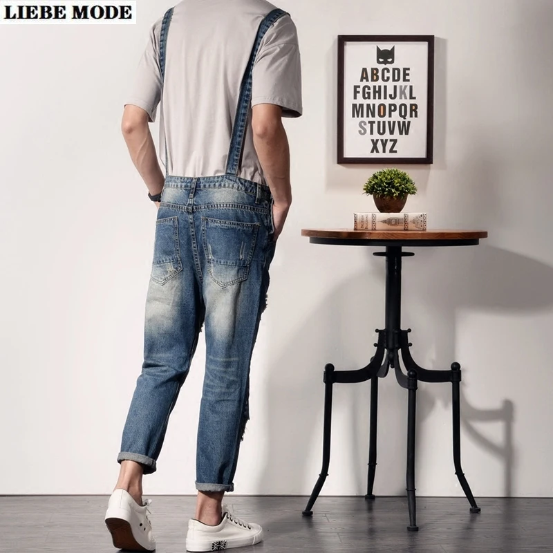 

5XL Plus Size One Piece Blue Jean Jumpsuit for Men Hip Hop Japan Style Men's Bib Overall Denim Pants Ankle Length Ripped Jeans