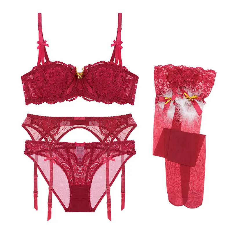 Varsbaby sexy christmas style half cup underwear push up bra set 4 pcs bras+panties+garters+stockings