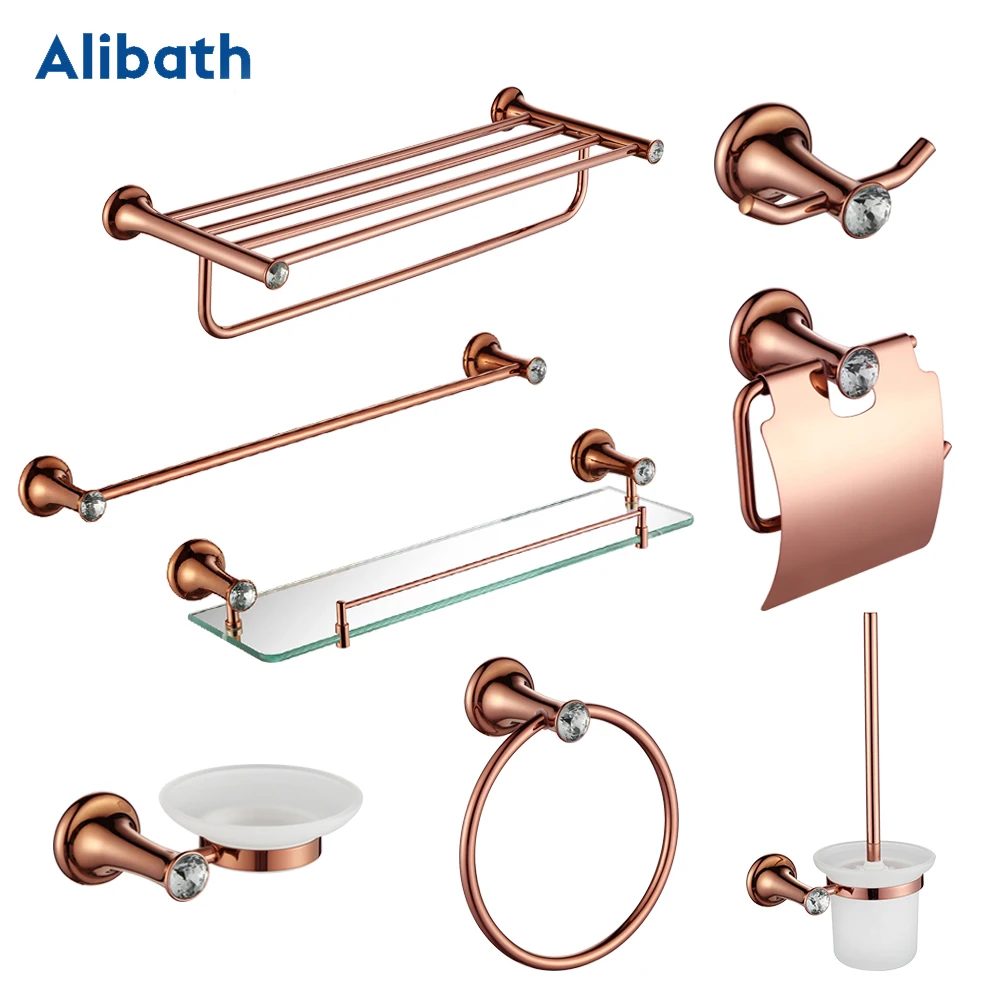 luxury rose gold bathroom accessories brass wall mounted toilet brush paper towel holder rack glass shelf bath hardware set free global shipping