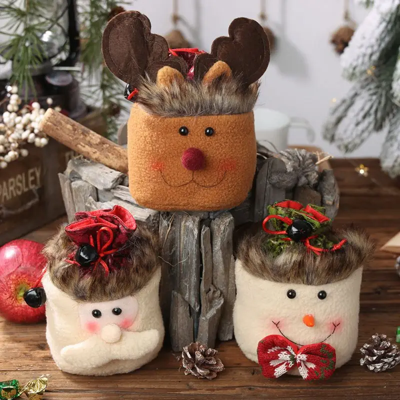 

Santa Elk Snowman Pattern Gift Bag Christmas Leather Drawings Gift Bag Party Reusable Candy Storage Bag With Bell