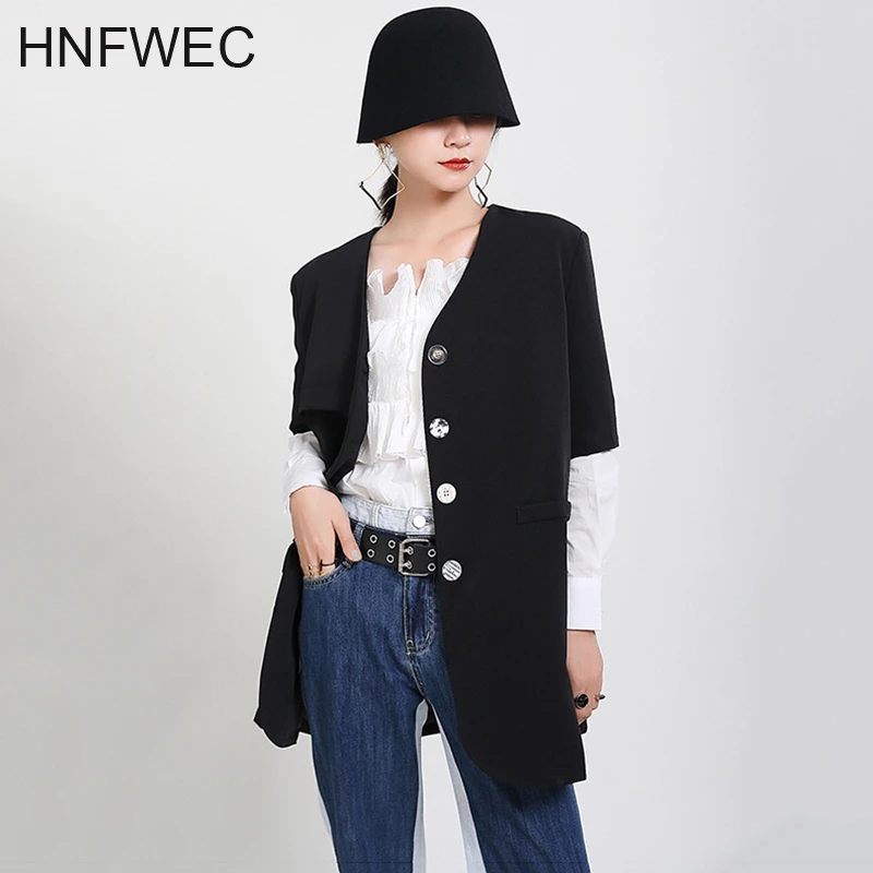

Asymmetric Blazer For Women V Neck Half Sleeve Pocket Loose Elegant Coat Female 2020 Autumn Fashion New Clothing Tide K117