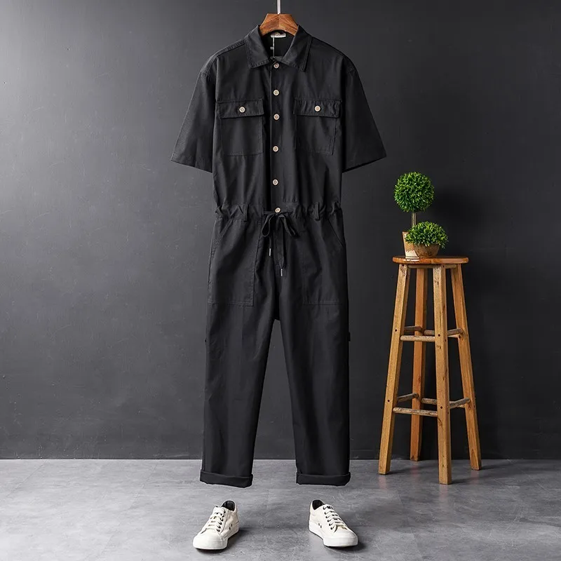 Харадзюку летний хип-хоп короткий рукав однобортный мужской комбинезон на