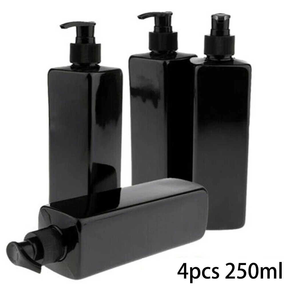 

4pcs 250ml Square Black PET Plastic Screw Pump Press Emulsion Dispensing Bottle Empty Bottle Refillable Mist Bottle Salon