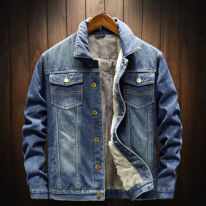 Женская куртка из овечьей шерсти теплая джинсовая с 4 карманами и длинными