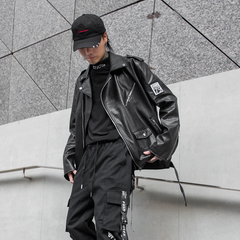 Мужская кожаная куртка в стиле панк рок черная из искусственной кожи на молнии с