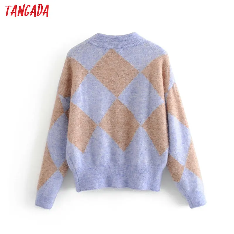 Tangada women geometric oversize knitted sweaters long sleeve vintage lady fashion pullovers winter thick stylish tops 3H83 | Женская