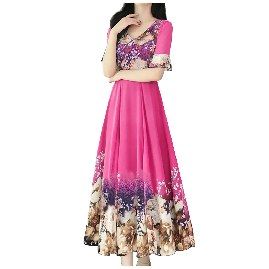 Boho Dress Women v-Neck Short Sleeve Long Floral Print Slim A-Line Party Dresses Casual Loose Beach Ladies Elegant |