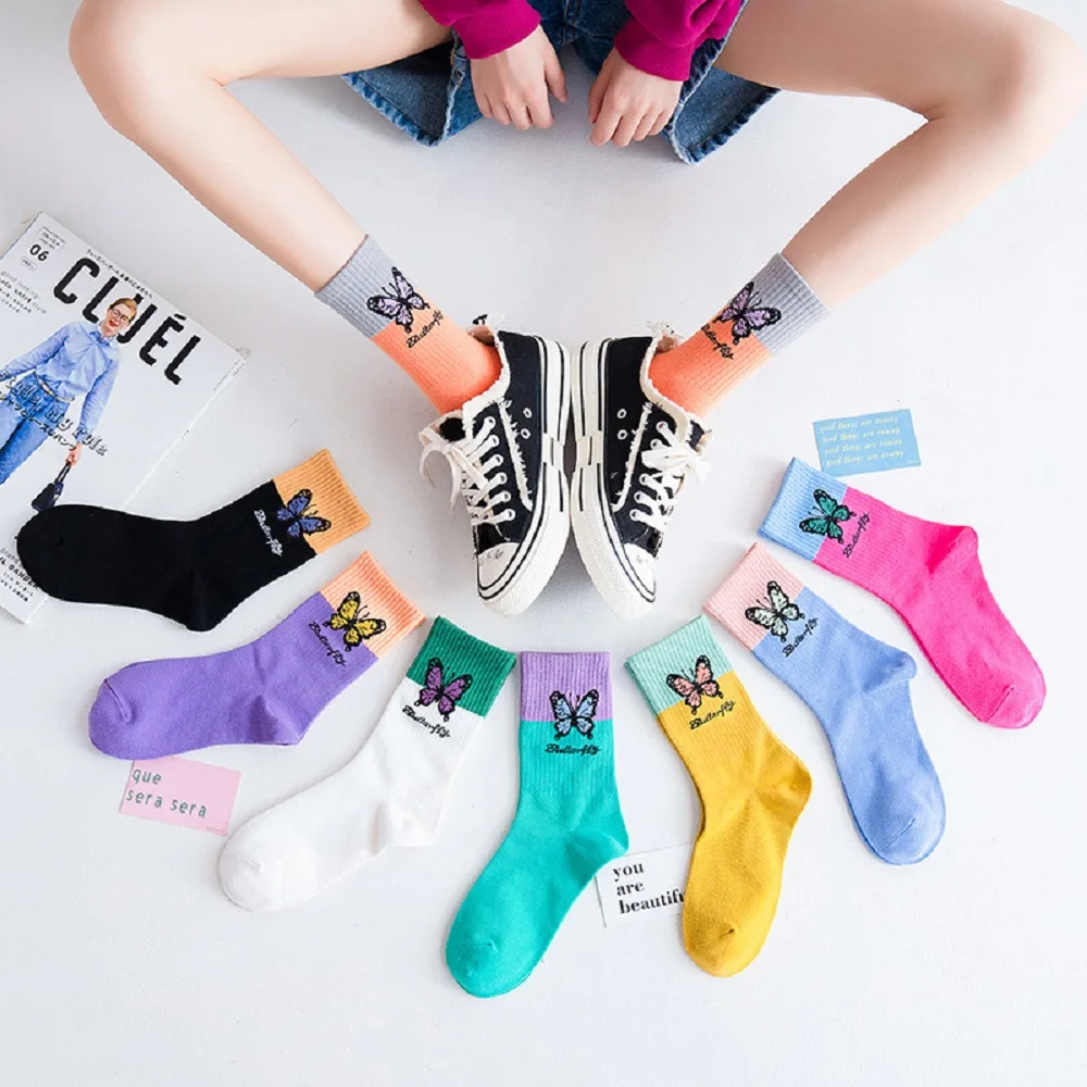 

Butterfly Women Crew Socks High Quality New Trend Cotton Female Black Long Socks Girls Fashion Athletic Skateboard Socks