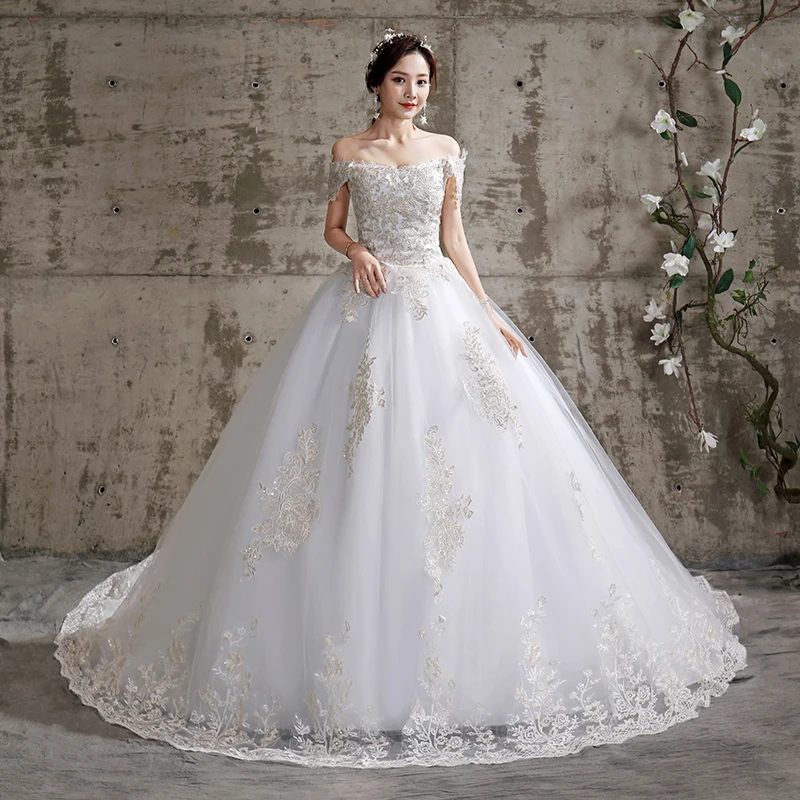 

Wedding Dresses Illusion Boat Neck Short Sequined Embroidery Tulle Lace Backless Off The Shoulder Luxury Women Bridal Gown FB626