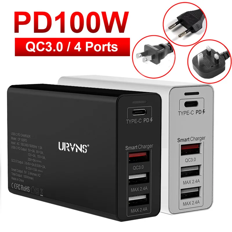 

Адаптер питания URVNS, 100 Вт, 4 порта USB C, PD 100 Вт/87 Вт/65 Вт/45 Вт/30 Вт/18 Вт, Тип C, быстрое зарядное устройство для Macbook Pro 13/15/16, iPhone 8 11 XS XR