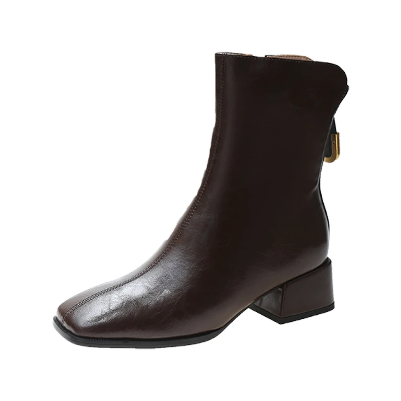 

Женские ботинки на квадратном каблуке, однотонные ботинки на молнии с квадратным носком, на среднем каблуке, зима 2021