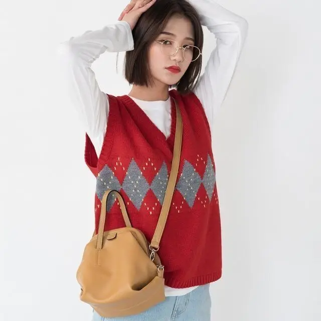 

2021 Korean Style Vintage Geometric Argyle V Neck Sleeveless Pullovers Knitted Woman Sweaters Women Sweater Vest Autumn
