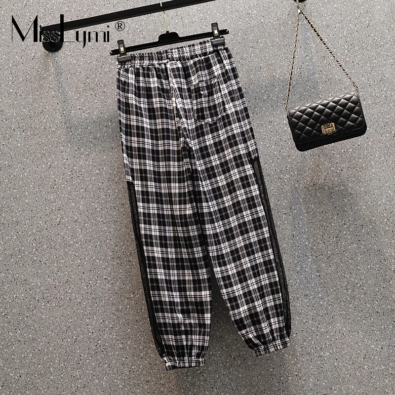 

MissLymi XL-5XL Plus Size Women Plaid Ankle-Length Pants Summer 2021 Fashion Casual Loose Mesh Patchwork Hollow Harem Pants