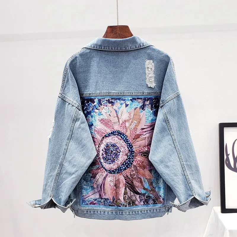 

Streetwear Style Print Women's Denim Jacket Coat Diamonds Hole BF Jeans Outwear Female Spring Autumn Casual Loose Cowboy Outwear