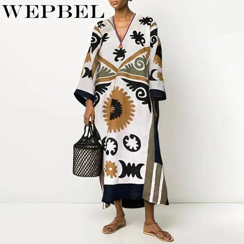 

WEPBEL Women Summer Autumn Loose Dress Casual Ladies Long Sleeve Sexy V Neck Pring Swing Dress
